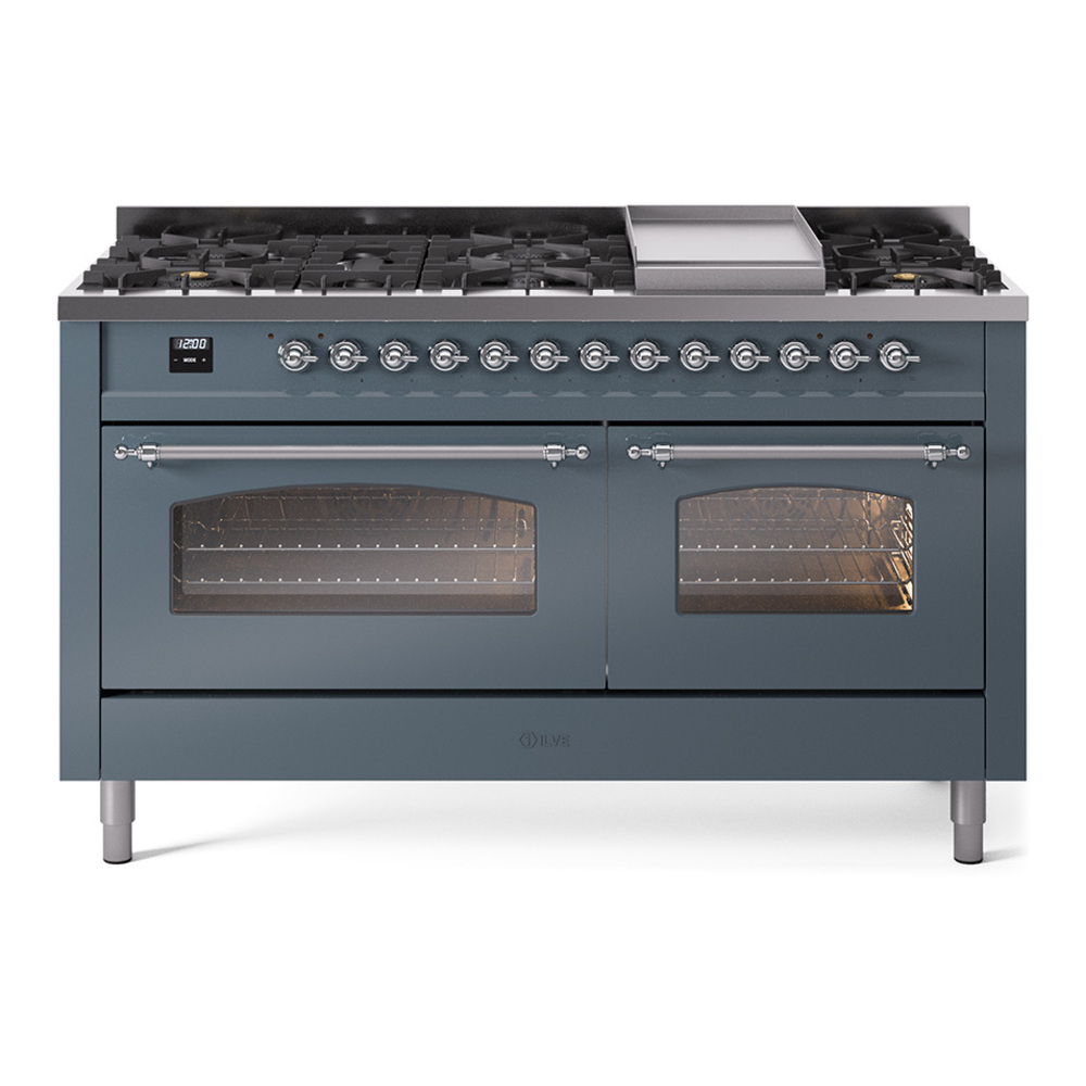 Nostalgie II 60 UP60FNMPBGC Freestanding Dual Fuel Range with 9 Sealed Burners with Griddle Double Oven with Triple Glass Door with Chrome knobs UP60FNMPBGC
