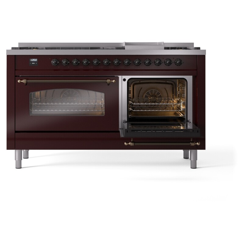 Nostalgie II 60 UP60FNMPBUB Freestanding Dual Fuel Range with 9 Sealed Burners with Griddle Double Oven with Triple Glass Door with Bronze knobs UP60FNMPBUB
