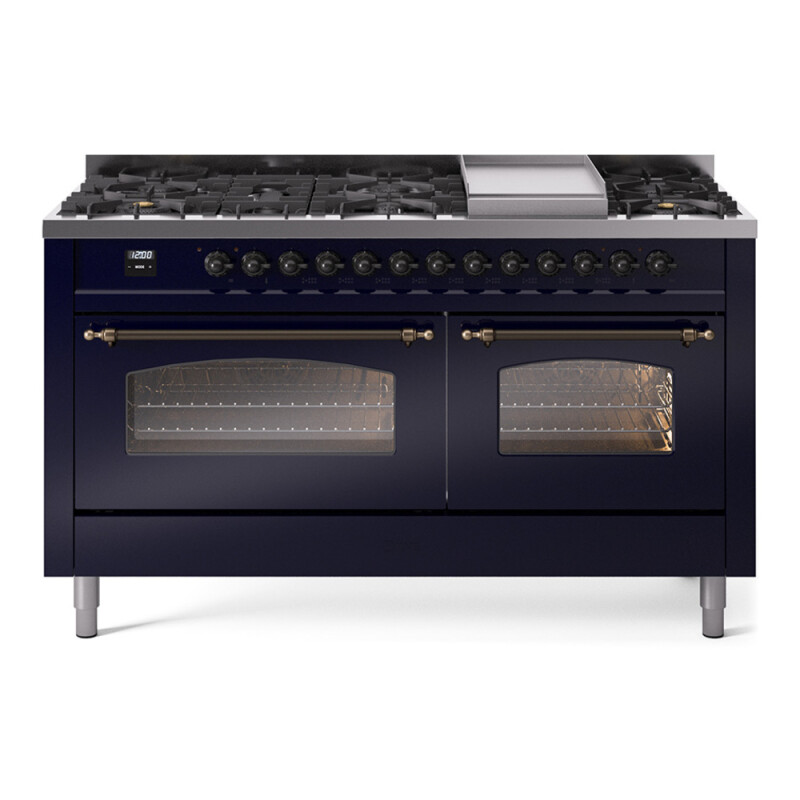 Nostalgie II 60 UP60FNMPMBB Freestanding Dual Fuel Range with 9 Sealed Burners with Griddle Double Oven with Triple Glass Door with Bronze knobs UP60FNMPMBB