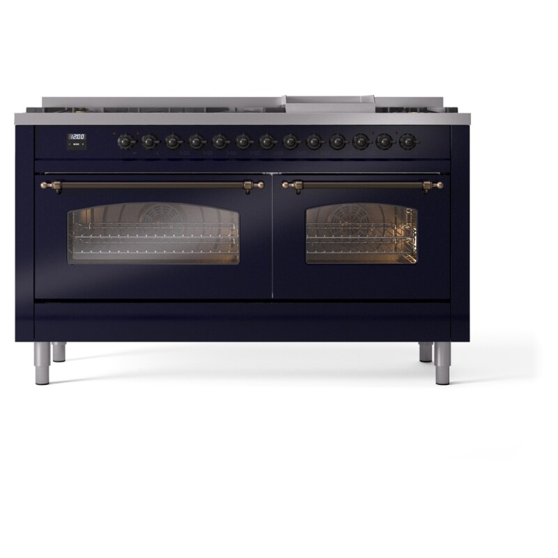 Nostalgie II 60 UP60FNMPMBB Freestanding Dual Fuel Range with 9 Sealed Burners with Griddle Double Oven with Triple Glass Door with Bronze knobs UP60FNMPMBB