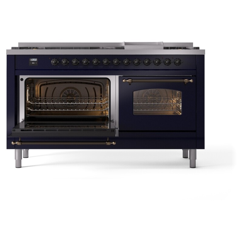 Nostalgie II 60 UP60FNMPMBB Freestanding Dual Fuel Range with 9 Sealed Burners with Griddle Double Oven with Triple Glass Door with Bronze knobs UP60FNMPMBB