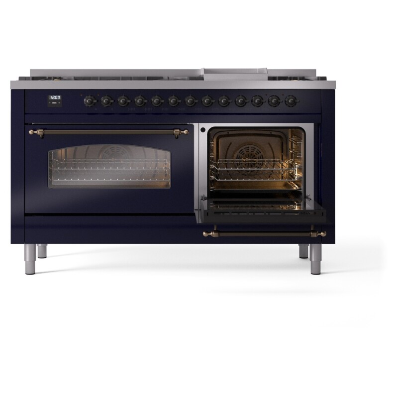 Nostalgie II 60 UP60FNMPMBB Freestanding Dual Fuel Range with 9 Sealed Burners with Griddle Double Oven with Triple Glass Door with Bronze knobs UP60FNMPMBB