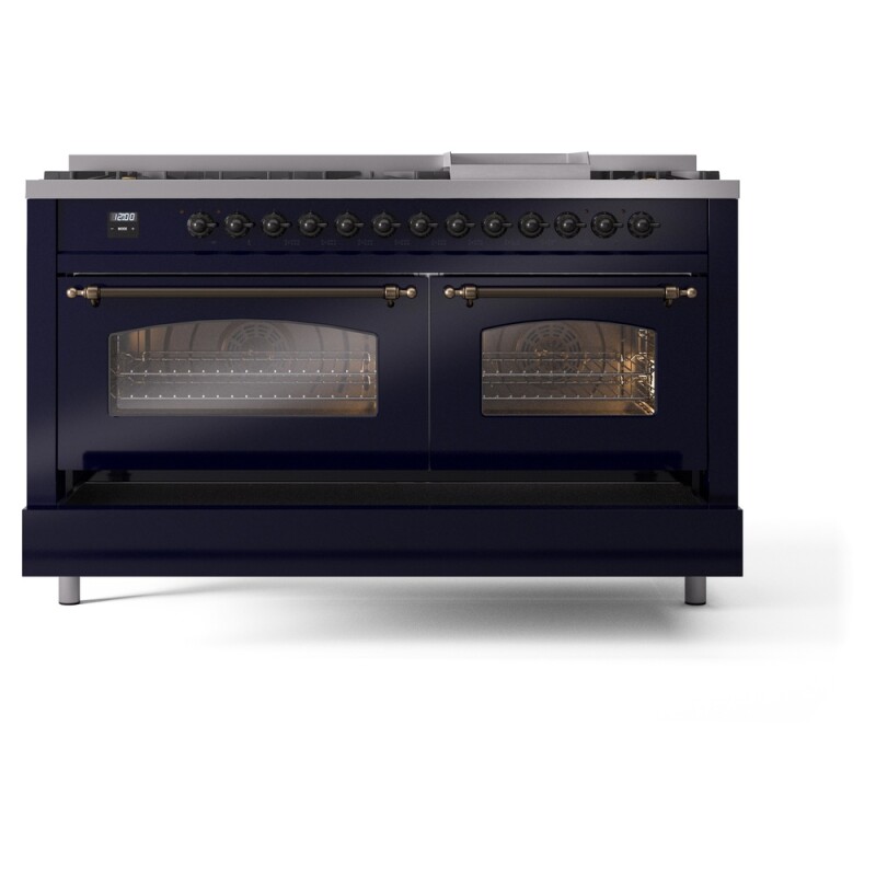 Nostalgie II 60 UP60FNMPMBB Freestanding Dual Fuel Range with 9 Sealed Burners with Griddle Double Oven with Triple Glass Door with Bronze knobs UP60FNMPMBB