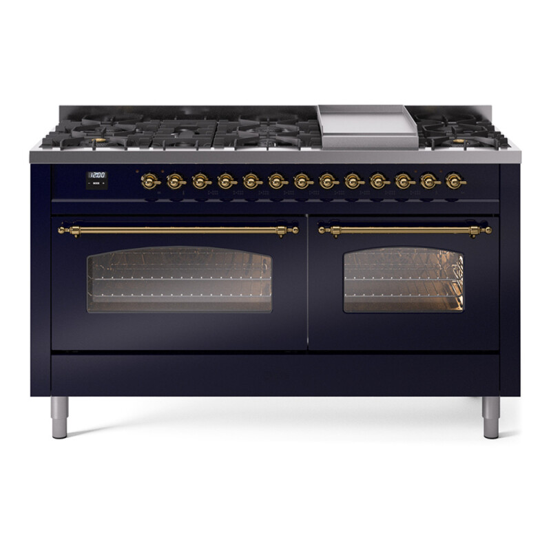 Nostalgie II 60 UP60FNMPMBG Freestanding Dual Fuel Range with 9 Sealed Burners with Griddle Double Oven with Triple Glass Door with Brass knobs UP60FNMPMBG