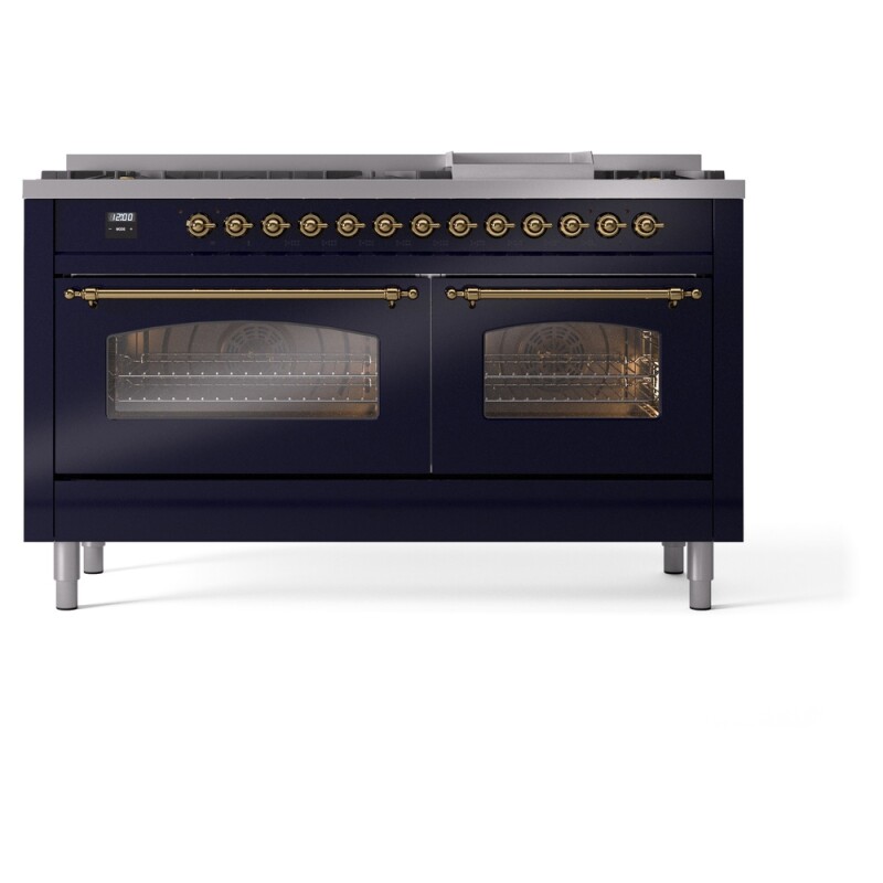 Nostalgie II 60 UP60FNMPMBG Freestanding Dual Fuel Range with 9 Sealed Burners with Griddle Double Oven with Triple Glass Door with Brass knobs UP60FNMPMBG