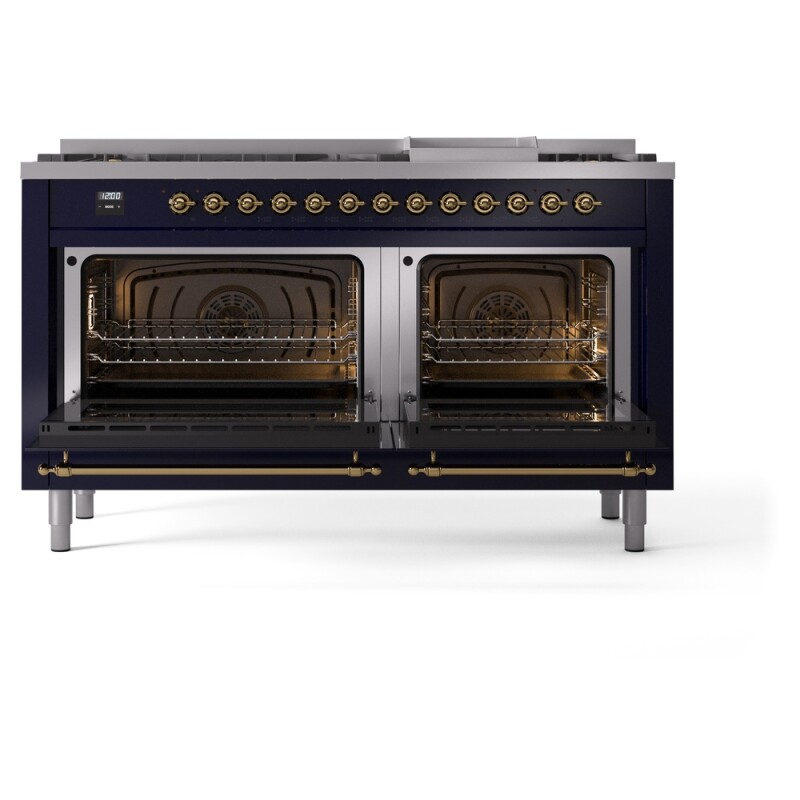 Nostalgie II 60 UP60FNMPMBG Freestanding Dual Fuel Range with 9 Sealed Burners with Griddle Double Oven with Triple Glass Door with Brass knobs UP60FNMPMBG