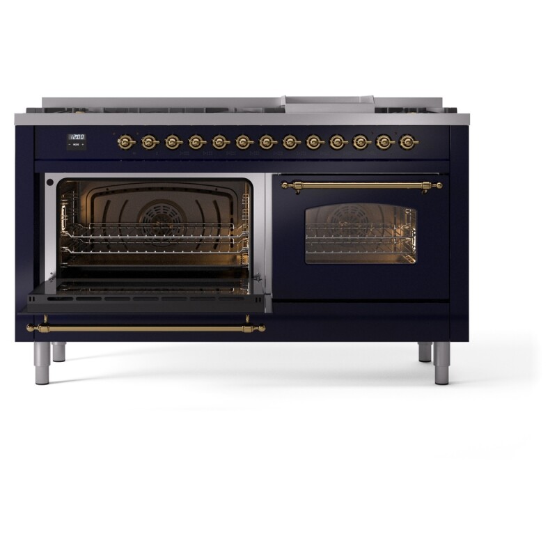 Nostalgie II 60 UP60FNMPMBG Freestanding Dual Fuel Range with 9 Sealed Burners with Griddle Double Oven with Triple Glass Door with Brass knobs UP60FNMPMBG