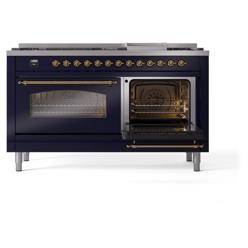 Nostalgie II 60 UP60FNMPMBG Freestanding Dual Fuel Range with 9 Sealed Burners with Griddle Double Oven with Triple Glass Door with Brass knobs UP60FNMPMBG