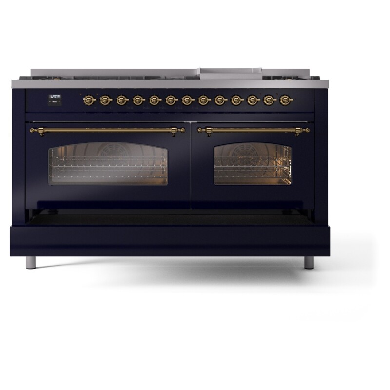 Nostalgie II 60 UP60FNMPMBG Freestanding Dual Fuel Range with 9 Sealed Burners with Griddle Double Oven with Triple Glass Door with Brass knobs UP60FNMPMBG
