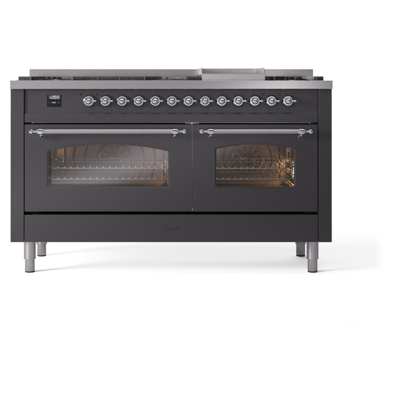 Nostalgie II 60 UP60FNMPMGC Freestanding Dual Fuel Range with 9 Sealed Burners with Griddle Double Oven with Triple Glass Door with Chrome knobs UP60FNMPMGC