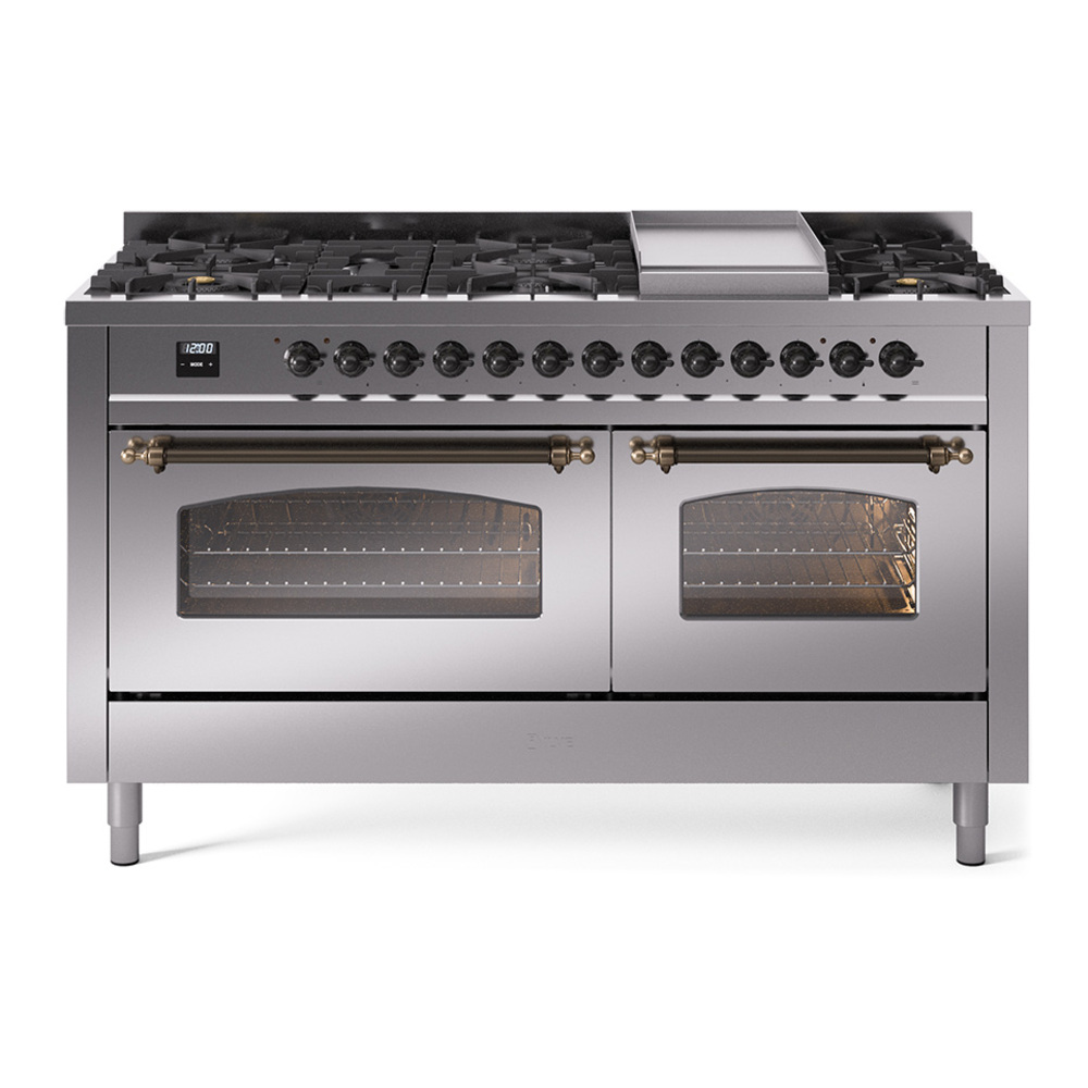 Nostalgie II 60 UP60FNMPSSB Freestanding Dual Fuel Range with 9 Sealed Burners with Griddle Double Oven with Triple Glass Door with Bronze knobs UP60FNMPSSB