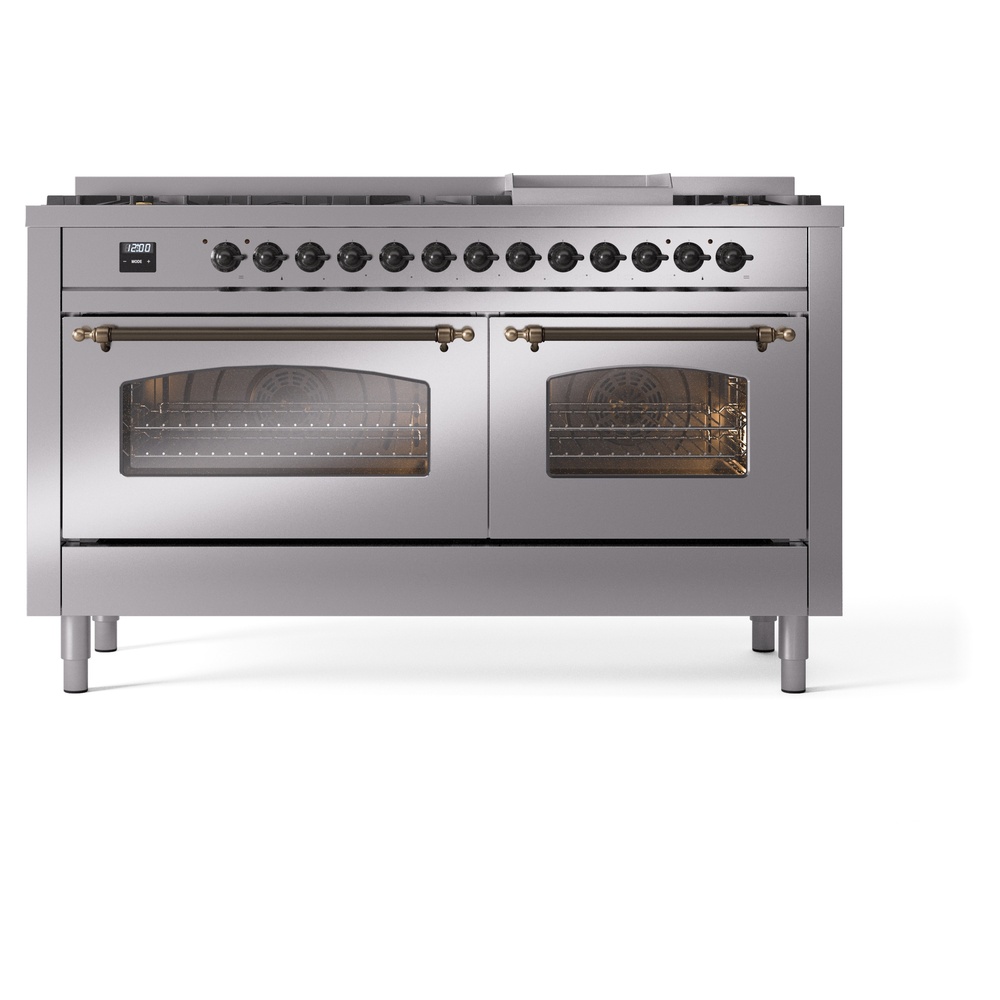 Nostalgie II 60 UP60FNMPSSB Freestanding Dual Fuel Range with 9 Sealed Burners with Griddle Double Oven with Triple Glass Door with Bronze knobs UP60FNMPSSB