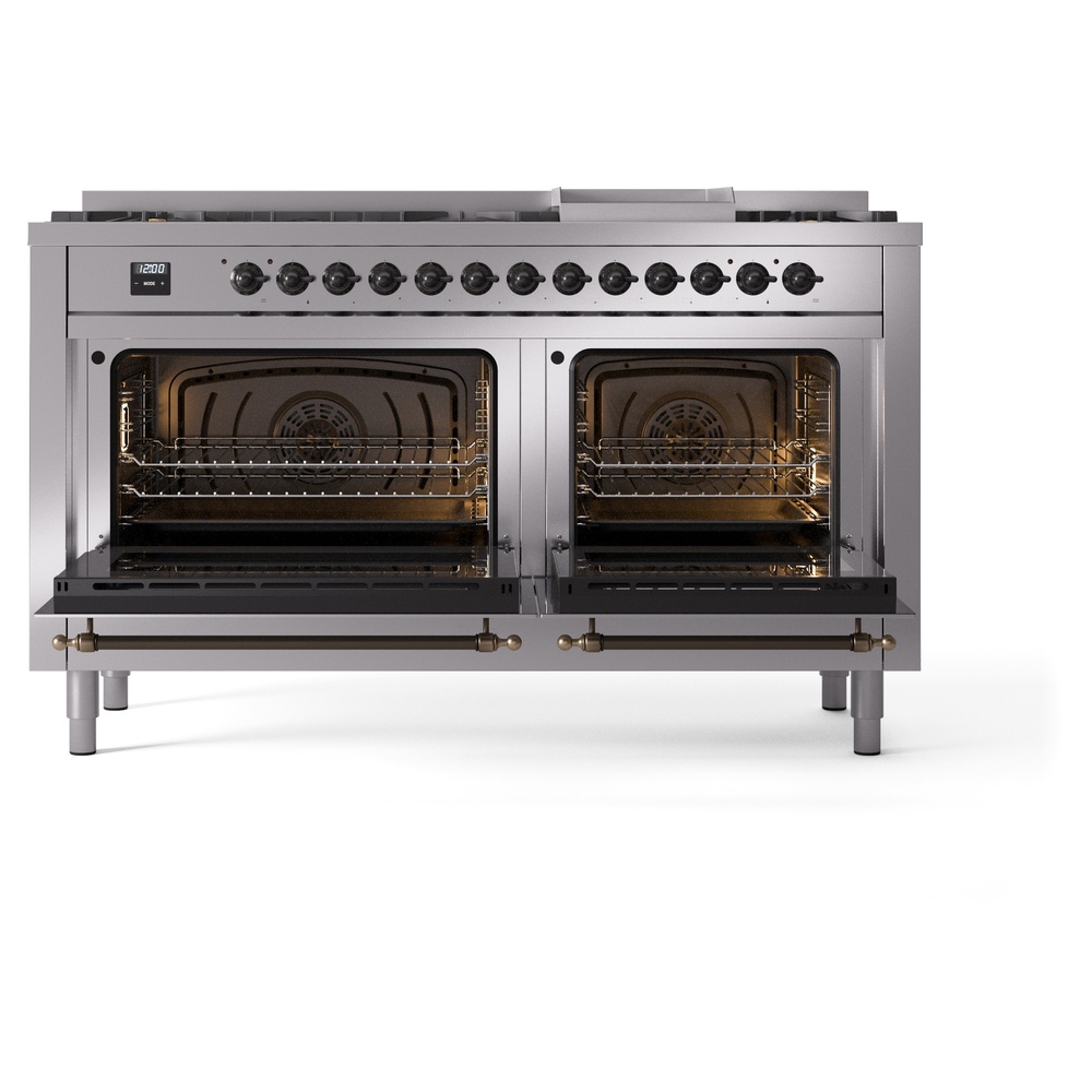 Nostalgie II 60 UP60FNMPSSB Freestanding Dual Fuel Range with 9 Sealed Burners with Griddle Double Oven with Triple Glass Door with Bronze knobs UP60FNMPSSB