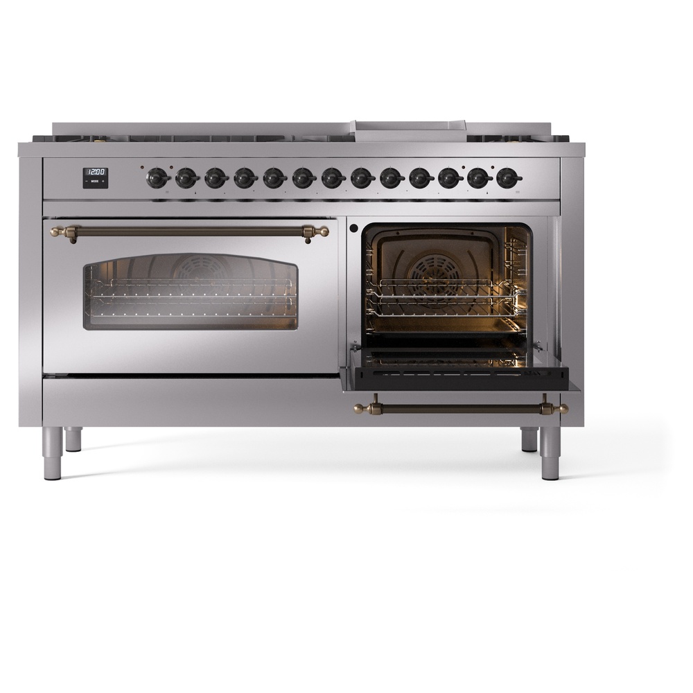 Nostalgie II 60 UP60FNMPSSB Freestanding Dual Fuel Range with 9 Sealed Burners with Griddle Double Oven with Triple Glass Door with Bronze knobs UP60FNMPSSB