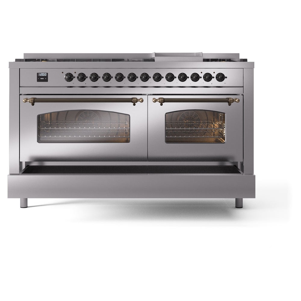 Nostalgie II 60 UP60FNMPSSB Freestanding Dual Fuel Range with 9 Sealed Burners with Griddle Double Oven with Triple Glass Door with Bronze knobs UP60FNMPSSB
