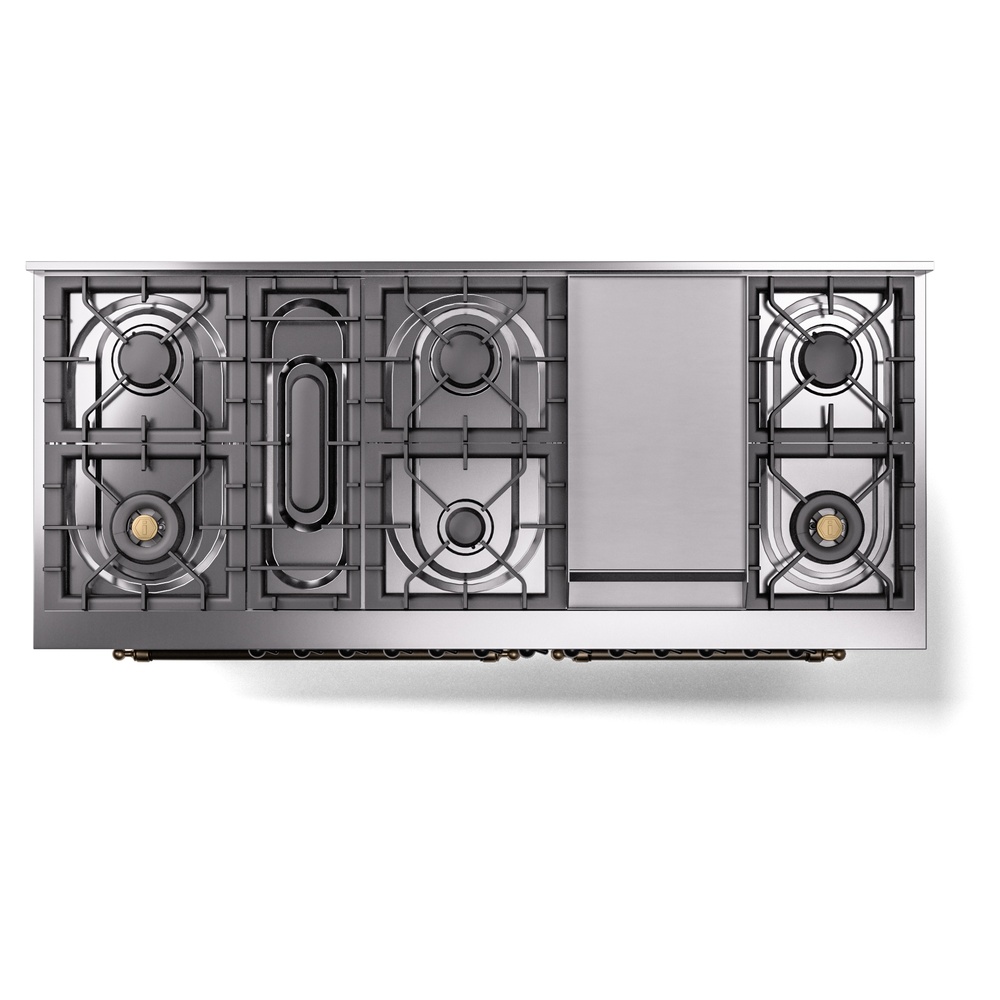 Nostalgie II 60 UP60FNMPSSB Freestanding Dual Fuel Range with 9 Sealed Burners with Griddle Double Oven with Triple Glass Door with Bronze knobs UP60FNMPSSB