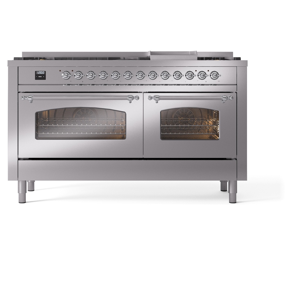 Nostalgie II 60 UP60FNMPSSC Freestanding Dual Fuel Range with 9 Sealed Burners with Griddle Double Oven with Triple Glass Door with Chrome knobs UP60FNMPSSC