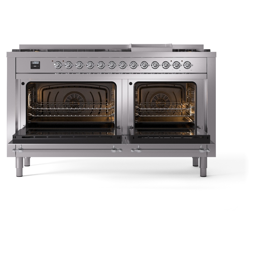 Nostalgie II 60 UP60FNMPSSC Freestanding Dual Fuel Range with 9 Sealed Burners with Griddle Double Oven with Triple Glass Door with Chrome knobs UP60FNMPSSC
