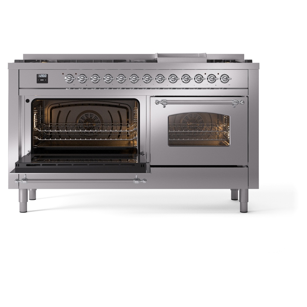 Nostalgie II 60 UP60FNMPSSC Freestanding Dual Fuel Range with 9 Sealed Burners with Griddle Double Oven with Triple Glass Door with Chrome knobs UP60FNMPSSC