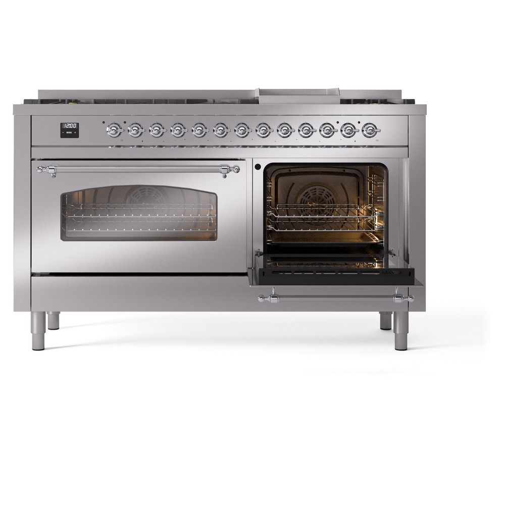 Nostalgie II 60 UP60FNMPSSC Freestanding Dual Fuel Range with 9 Sealed Burners with Griddle Double Oven with Triple Glass Door with Chrome knobs UP60FNMPSSC