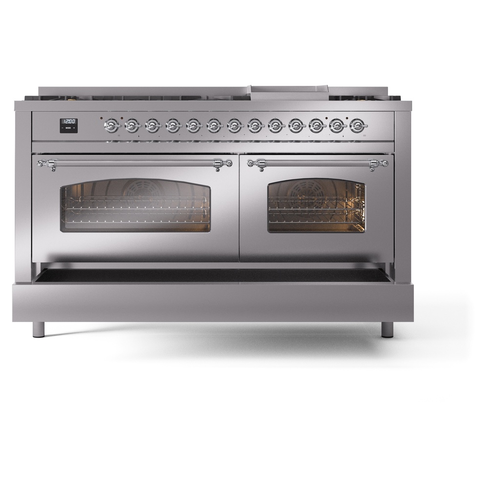 Nostalgie II 60 UP60FNMPSSC Freestanding Dual Fuel Range with 9 Sealed Burners with Griddle Double Oven with Triple Glass Door with Chrome knobs UP60FNMPSSC