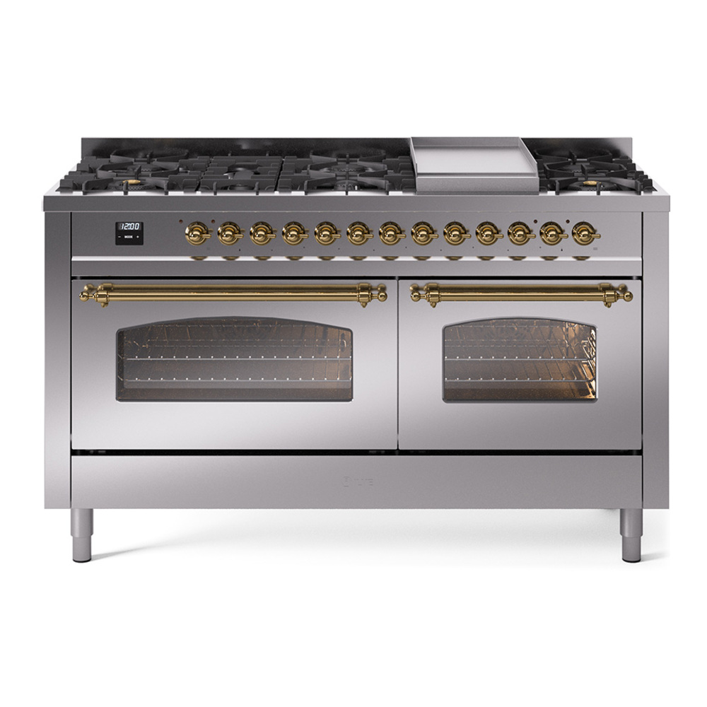 Nostalgie II 60 UP60FNMPSSG Freestanding Dual Fuel Range with 9 Sealed Burners with Griddle Double Oven with Triple Glass Door with Brass knobs UP60FNMPSSG