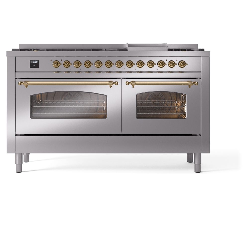 Nostalgie II 60 UP60FNMPSSG Freestanding Dual Fuel Range with 9 Sealed Burners with Griddle Double Oven with Triple Glass Door with Brass knobs UP60FNMPSSG
