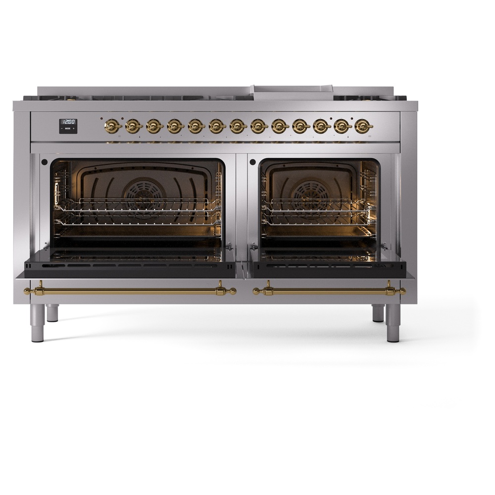Nostalgie II 60 UP60FNMPSSG Freestanding Dual Fuel Range with 9 Sealed Burners with Griddle Double Oven with Triple Glass Door with Brass knobs UP60FNMPSSG