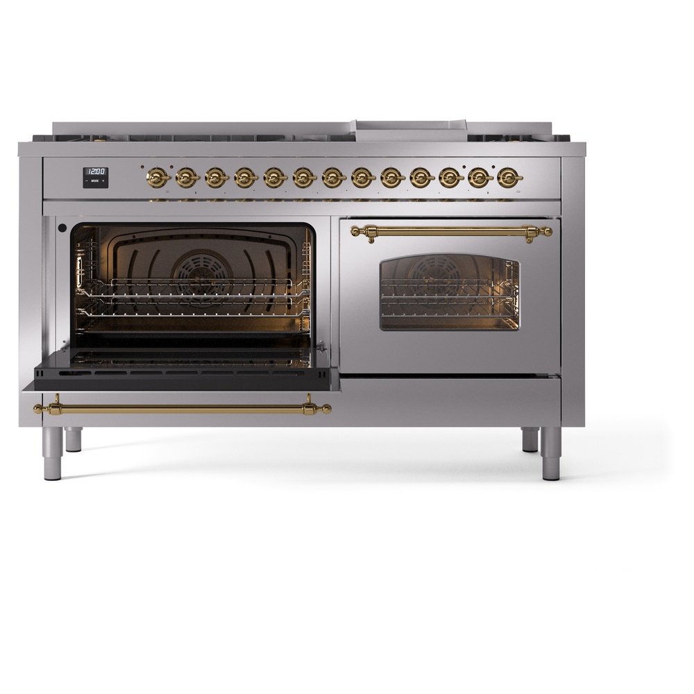 Nostalgie II 60 UP60FNMPSSG Freestanding Dual Fuel Range with 9 Sealed Burners with Griddle Double Oven with Triple Glass Door with Brass knobs UP60FNMPSSG