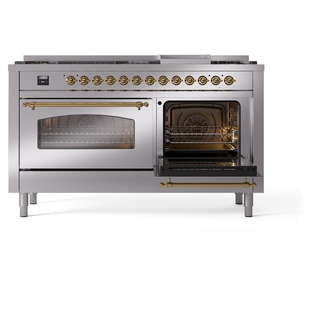 Nostalgie II 60 UP60FNMPSSG Freestanding Dual Fuel Range with 9 Sealed Burners with Griddle Double Oven with Triple Glass Door with Brass knobs UP60FNMPSSG