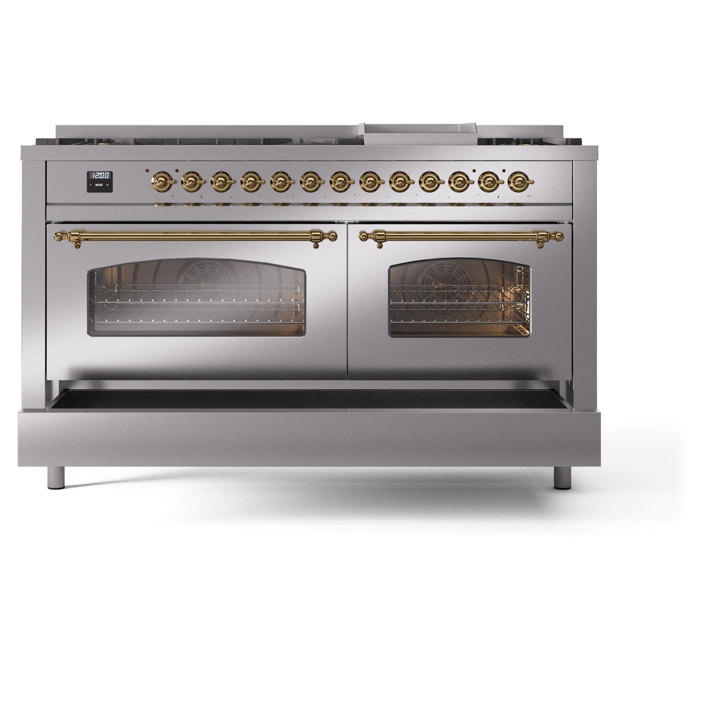 Nostalgie II 60 UP60FNMPSSG Freestanding Dual Fuel Range with 9 Sealed Burners with Griddle Double Oven with Triple Glass Door with Brass knobs UP60FNMPSSG