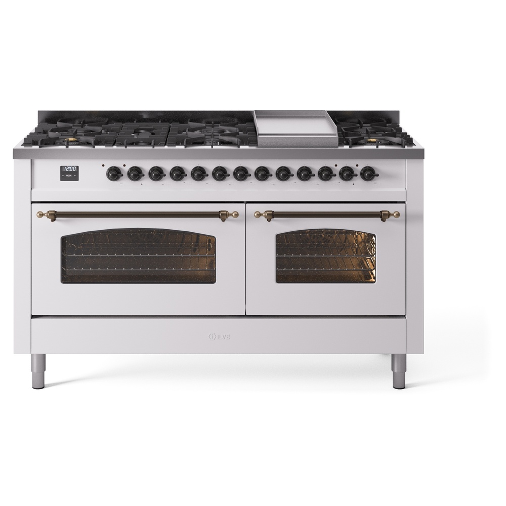 Nostalgie II 60 UP60FNMPWHB Freestanding Dual Fuel Range with 9 Sealed Burners with Griddle Double Oven with Triple Glass Door with Bronze knobs UP60FNMPWHBLP
