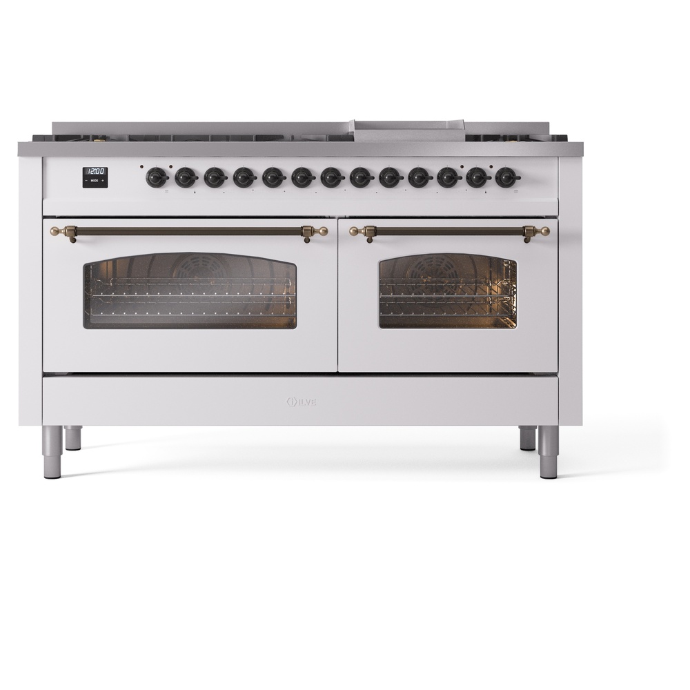 Nostalgie II 60 UP60FNMPWHB Freestanding Dual Fuel Range with 9 Sealed Burners with Griddle Double Oven with Triple Glass Door with Bronze knobs UP60FNMPWHBLP