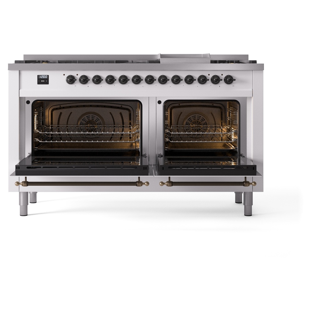 Nostalgie II 60 UP60FNMPWHB Freestanding Dual Fuel Range with 9 Sealed Burners with Griddle Double Oven with Triple Glass Door with Bronze knobs UP60FNMPWHBLP