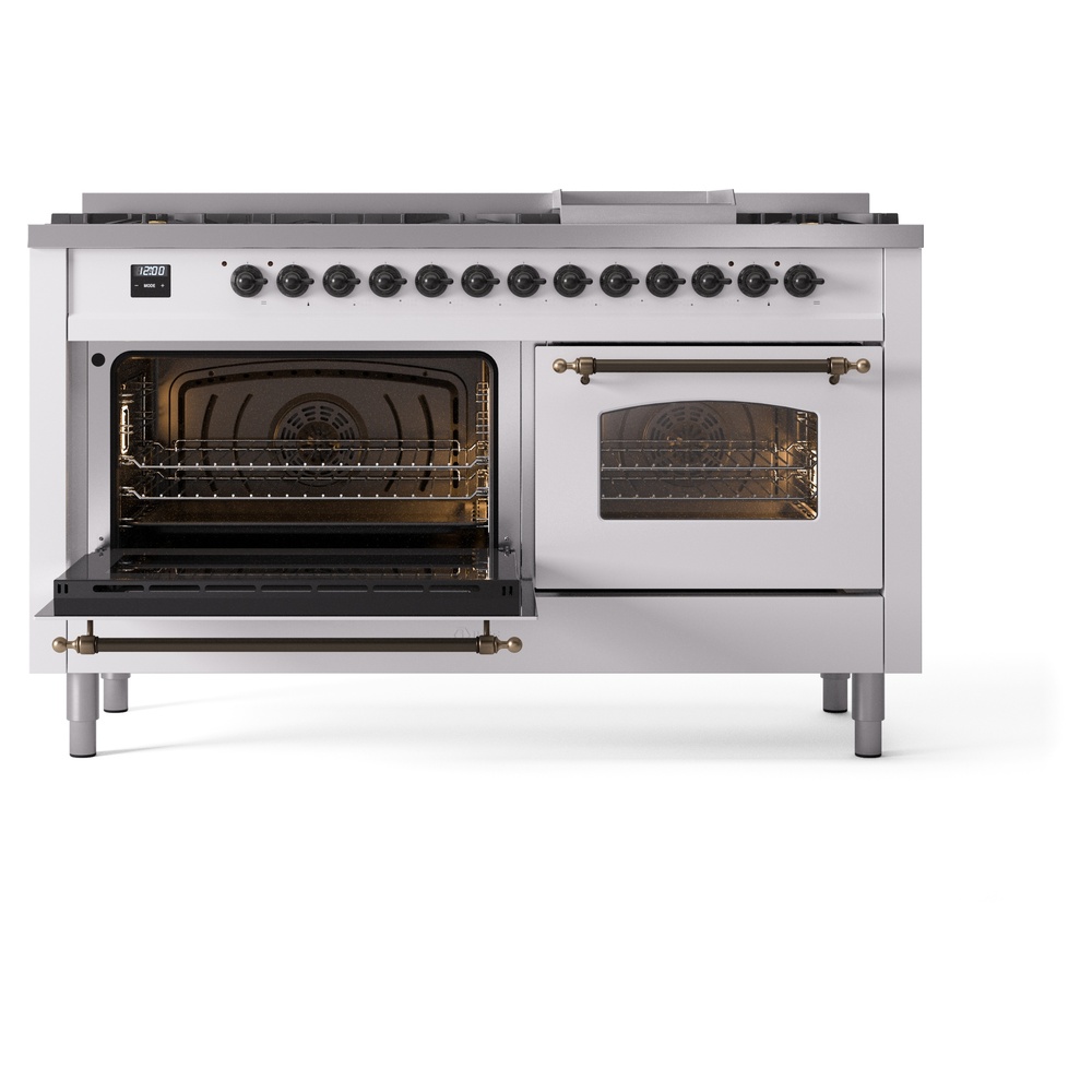 Nostalgie II 60 UP60FNMPWHB Freestanding Dual Fuel Range with 9 Sealed Burners with Griddle Double Oven with Triple Glass Door with Bronze knobs UP60FNMPWHBLP