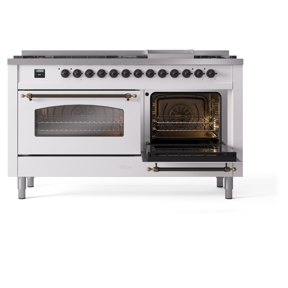 Nostalgie II 60 UP60FNMPWHB Freestanding Dual Fuel Range with 9 Sealed Burners with Griddle Double Oven with Triple Glass Door with Bronze knobs UP60FNMPWHBLP