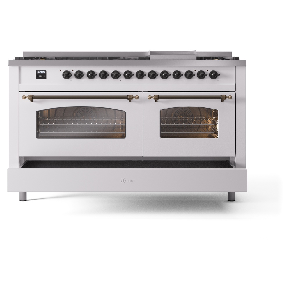 Nostalgie II 60 UP60FNMPWHB Freestanding Dual Fuel Range with 9 Sealed Burners with Griddle Double Oven with Triple Glass Door with Bronze knobs UP60FNMPWHBLP