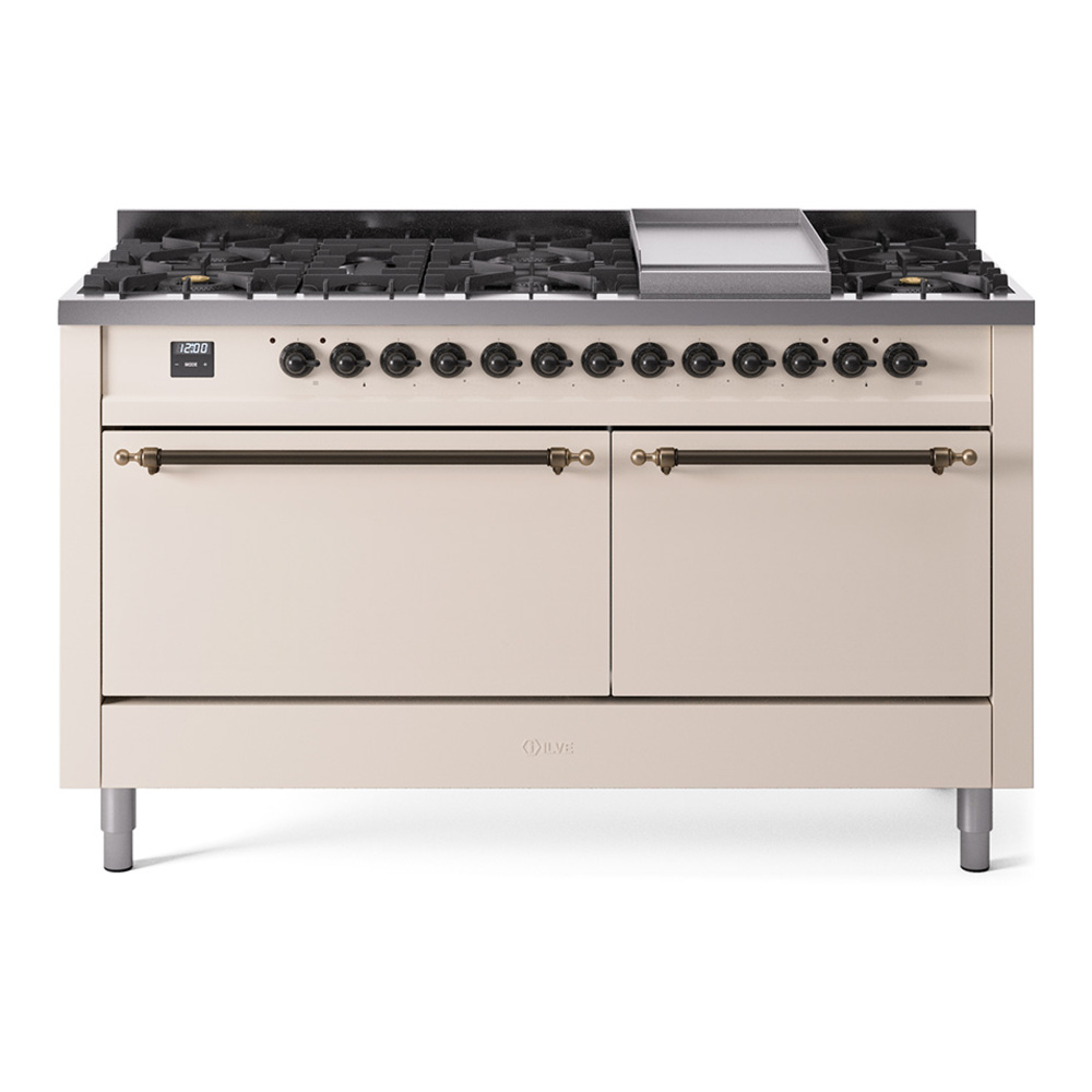 Nostalgie II 60 UP60FQNMPAWB Freestanding Dual Fuel Range with 9 Sealed Burners with Griddle Double Oven with Solid Door with Bronze knobs UP60FQNMPAWBLP