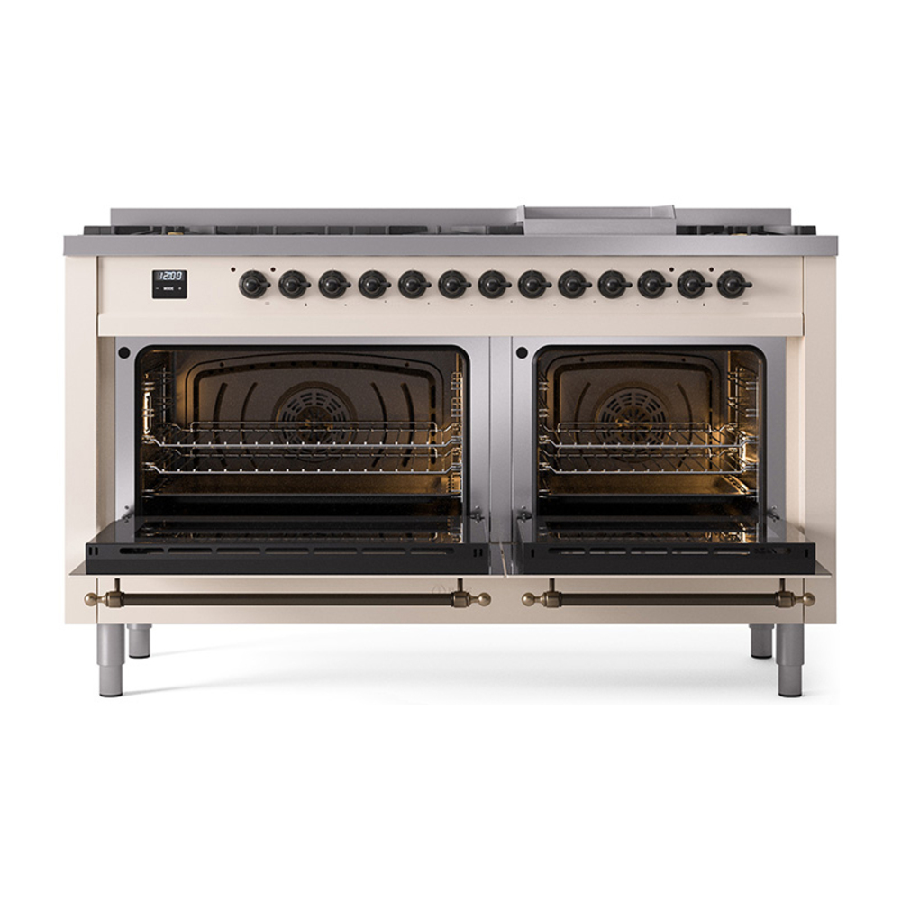 Nostalgie II 60 UP60FQNMPAWB Freestanding Dual Fuel Range with 9 Sealed Burners with Griddle Double Oven with Solid Door with Bronze knobs UP60FQNMPAWBLP