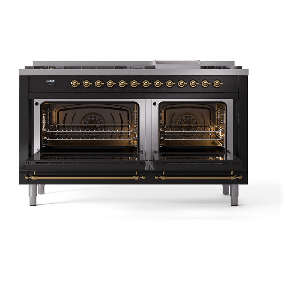 Nostalgie II 60 UP60FQNMPBKG Freestanding Dual Fuel Range with 9 Sealed Burners with Griddle Double Oven with Solid Door with Brass knobs UP60FQNMPBKG