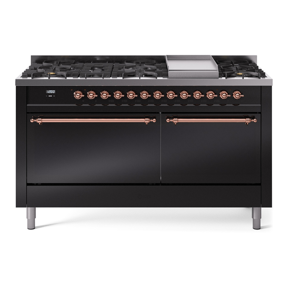 Nostalgie II 60 UP60FQNMPBKP Freestanding Dual Fuel Range with 9 Sealed Burners with Griddle Double Oven with Solid Door with Copper knobs UP60FQNMPBKPLP