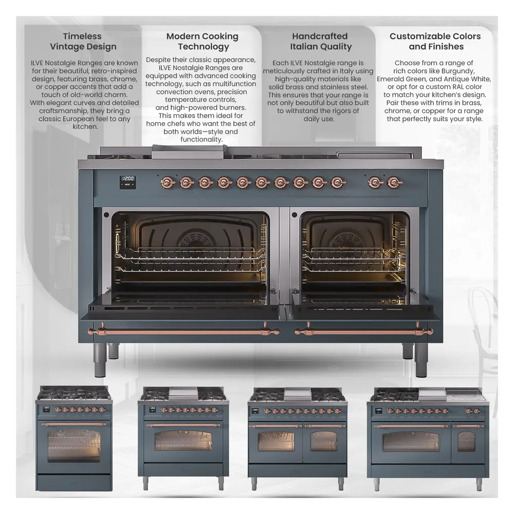 Nostalgie II 60 UP60FQNMPBKP Freestanding Dual Fuel Range with 9 Sealed Burners with Griddle Double Oven with Solid Door with Copper knobs UP60FQNMPBKPLP