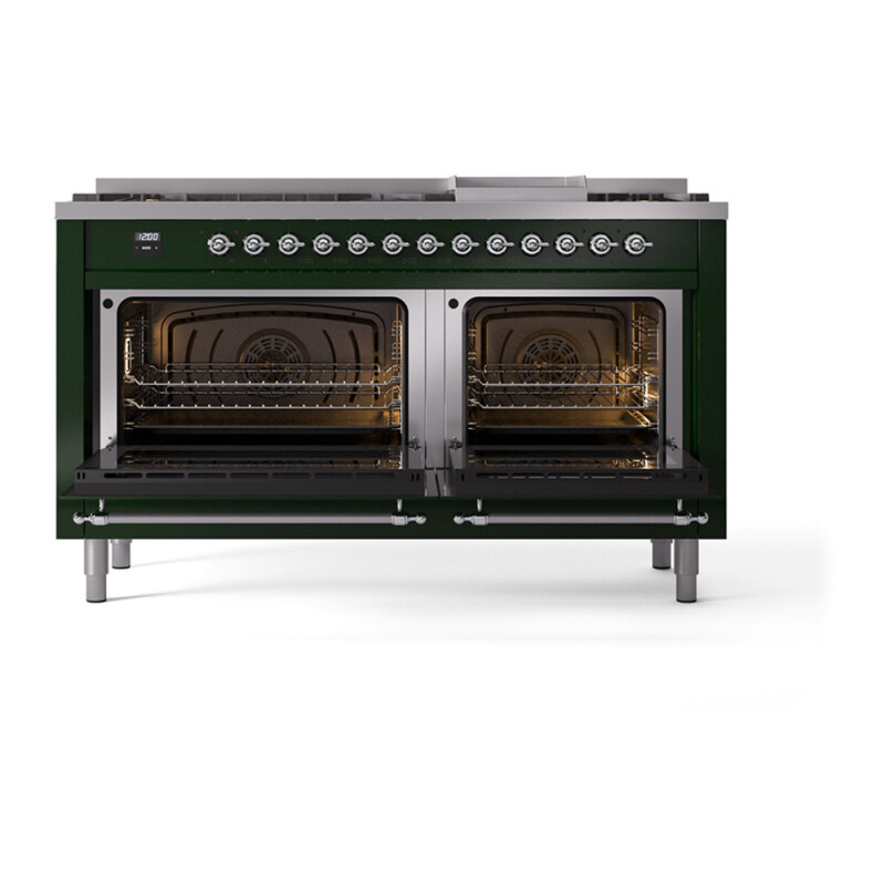 Nostalgie II 60 UP60FQNMPEGC Freestanding Dual Fuel Range with 9 Sealed Burners with Griddle Double Oven with Solid Door with Chrome knobs UP60FQNMPEGCLP