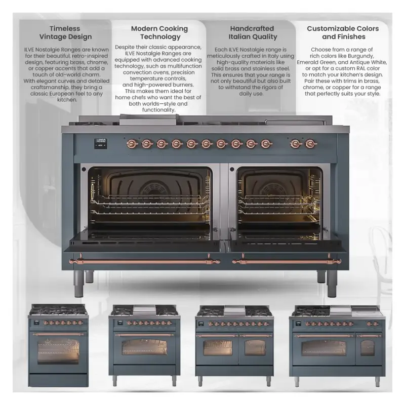 Nostalgie II 60 UP60FQNMPEGP Freestanding Dual Fuel Range with 9 Sealed Burners with Griddle Double Oven with Solid Door with Copper knobs UP60FQNMPEGP