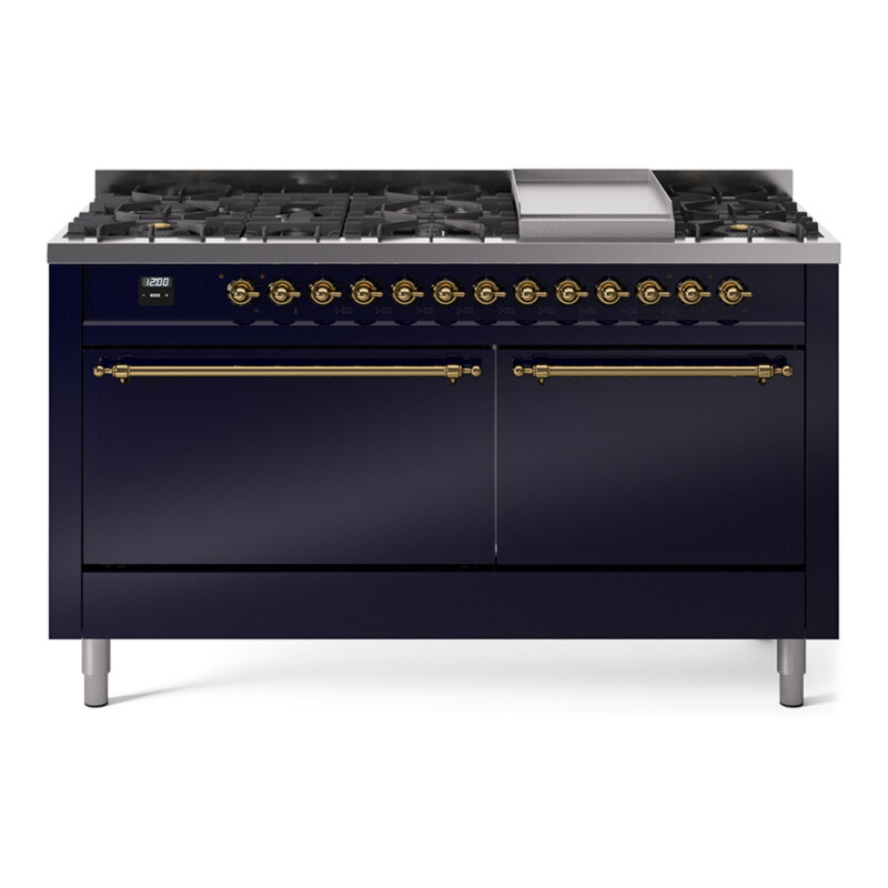 Nostalgie II 60 UP60FQNMPMBG Freestanding Dual Fuel Range with 9 Sealed Burners with Griddle Double Oven with Solid Door with Brass knobs UP60FQNMPMBG