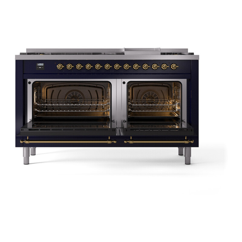 Nostalgie II 60 UP60FQNMPMBG Freestanding Dual Fuel Range with 9 Sealed Burners with Griddle Double Oven with Solid Door with Brass knobs UP60FQNMPMBG