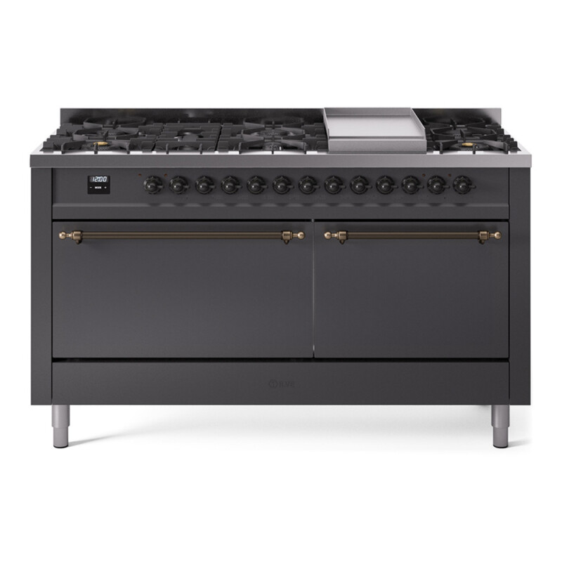 Nostalgie II 60 UP60FQNMPMGB Freestanding Dual Fuel Range with 9 Sealed Burners with Griddle Double Oven with Solid Door with Bronze knobs UP60FQNMPMGBLP
