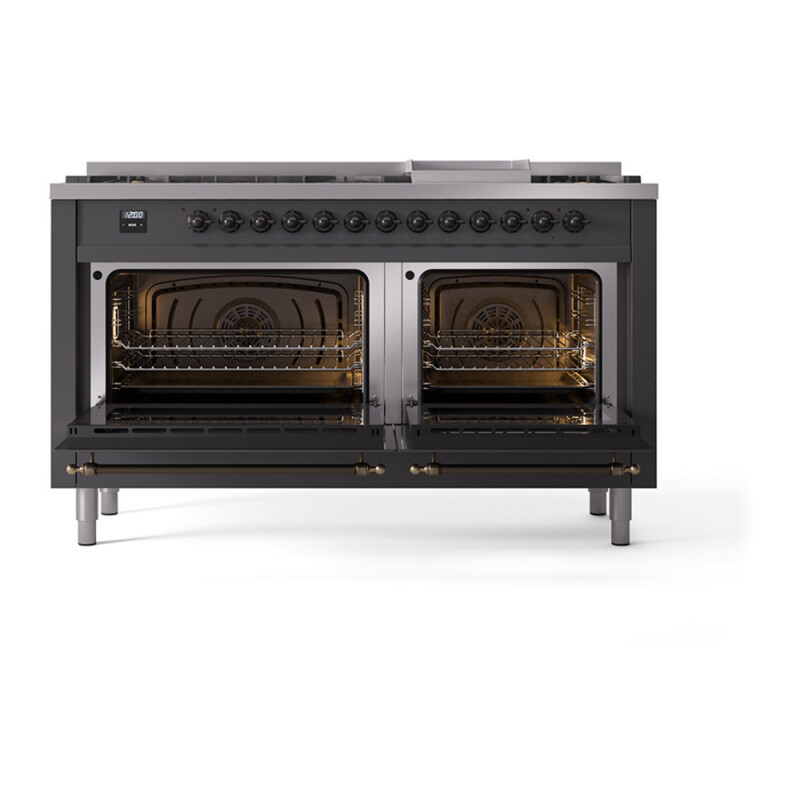 Nostalgie II 60 UP60FQNMPMGB Freestanding Dual Fuel Range with 9 Sealed Burners with Griddle Double Oven with Solid Door with Bronze knobs UP60FQNMPMGBLP