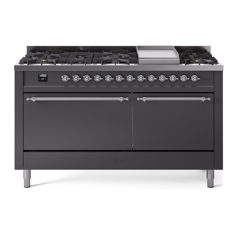 Nostalgie II 60 UP60FQNMPMGC Freestanding Dual Fuel Range with 9 Sealed Burners with Griddle Double Oven with Solid Door with Chrome knobs UP60FQNMPMGC