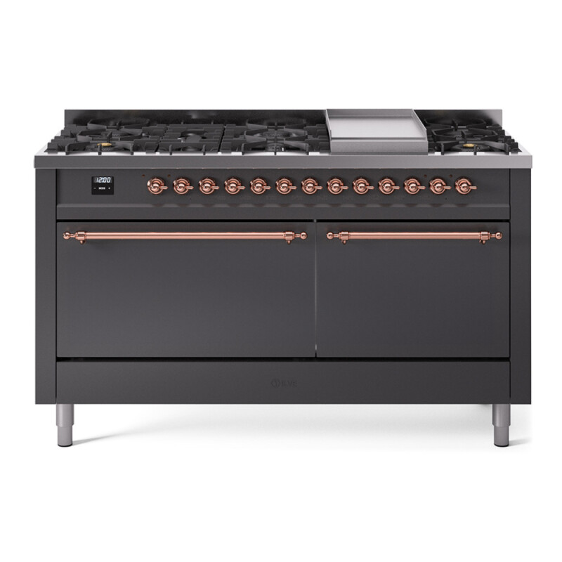 Nostalgie II 60 UP60FQNMPMGP Freestanding Dual Fuel Range with 9 Sealed Burners with Griddle Double Oven with Solid Door with Copper knobs UP60FQNMPMGPLP